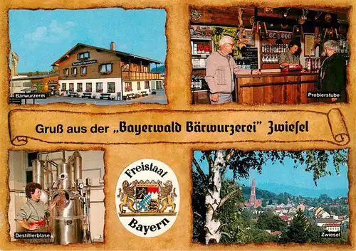 AK / Ansichtskarte 73951784 Zwiesel__Niederbayern Bayerwald Baerwurzerei Probierstube Destillierblase Ortsansicht