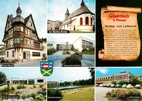 AK / Ansichtskarte  Gladenbach Hotel Spiess Martins Kirche Haus des Gastes Schwimmbad Hallenbad