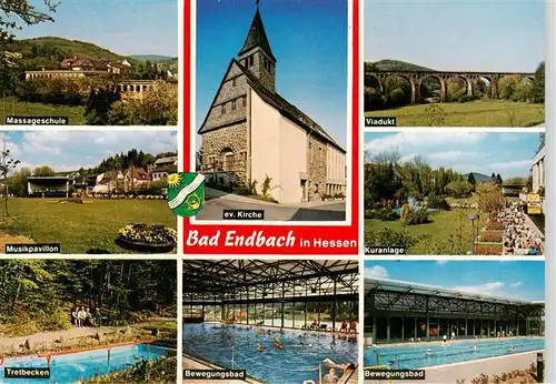 AK / Ansichtskarte  Bad_Endbach Massageschule Musikpavillon Tretbecken Ev Kirche Viadukt Kuranlage Bewegungsbad