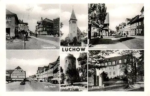 AK / Ansichtskarte  Luechow-Dannenberg Langestrasse Kirche Partie am Markt Schlossturm Klinik