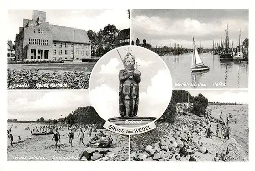 AK / Ansichtskarte  Wedel_Stade Neues Rathaus Roland-Statue Hafen Wedel-Schulau Strandbad