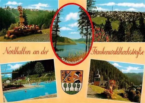 AK / Ansichtskarte 73952697 Nordhalben Frankenwaldhochstrasse Brunnentrog Panorama Schwimmbad Park Koedeltalsperre