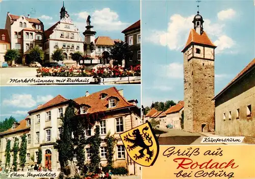 AK / Ansichtskarte 73952706 Rodach_Bad_Rodach_Coburg Marktbrunnen mit Rathaus Ehem Jagdschloss Kupfersturm
