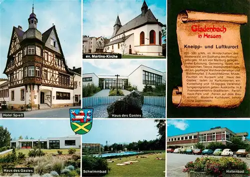 AK / Ansichtskarte 73952729 Gladenbach Hotel Spiess Ev Martins Kirche Haus des Gastes Schwimmbad Hallenbad