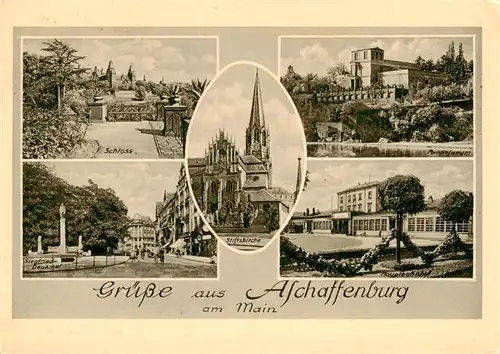 AK / Ansichtskarte  Aschaffenburg_Main Schloss Stiftskirche Hauptbahnhof Siegfried-Denkmal