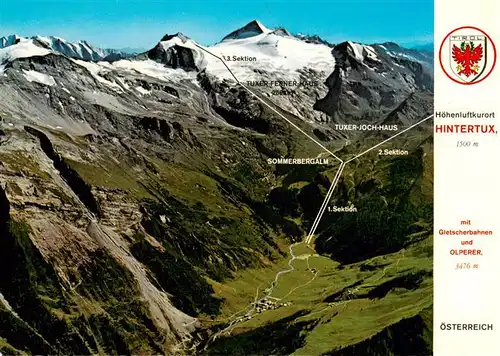 AK / Ansichtskarte 73953144 Hintertux_Zillertal Fliegeraufnahme mit Gletscherbahnen und Olperer