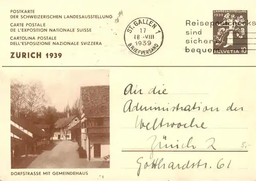 AK / Ansichtskarte 73953365 Landesausstellung_Zuerich_1939 Dorfstrasse Gemeindehaus St.Gallen