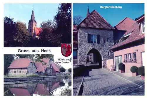 AK / Ansichtskarte  Heek_Borken_Westfalen Kirche Burgtor Nienborg Muehle an der Dinkel