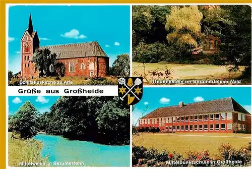 AK / Ansichtskarte 73953653 Grossheide_Ostfriesland Bonifatiuskirche zur Arle Gedenkstein Berumerfehner Wald Mittelwieke Schule