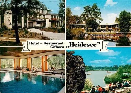 AK / Ansichtskarte 73953759 Gifhorn Hotel Restaurant Heidesee Hallenbad Seeterrasse