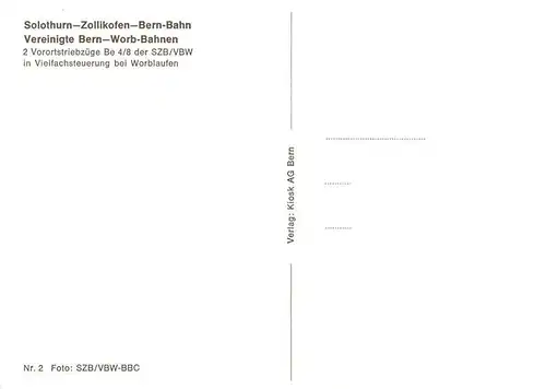 AK / Ansichtskarte 73954033 Eisenbahn_Railway_Chemin_de_Fer Solothurn-Zollikofen Bern Bahn 2 Vorortstriebzuege Be 4/8 der SZB/VBW