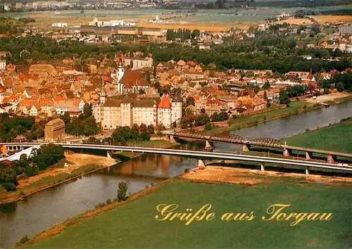 AK / Ansichtskarte  Torgau Fliegeraufnahme mit alter und neuer Elbebruecke