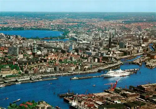 AK / Ansichtskarte 73954518 Hamburg Panorama vom Hafen Richtung Stadt Fliegeraufnahme