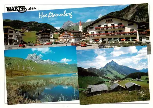 AK / Ansichtskarte  Warth_Arlberg_AT Ansicht mit Hotels und Kirche Panorama Blick gegen Widderstein Kalbelesee und Biberkopf