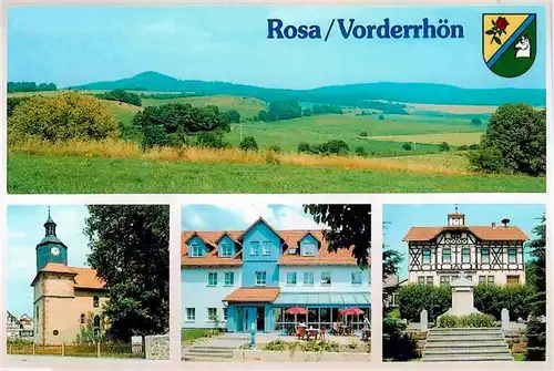 AK / Ansichtskarte 73954620 Rosa_Rhoen Landschaftspanorama Kirche Hotel Restaurant Fachwerkhaus