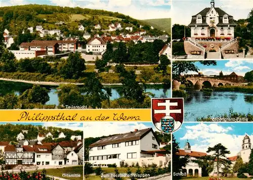 AK / Ansichtskarte 73954810 Philippsthal_Werra Panorama Rathaus Zonengrenz Partie Ortsmitte Zum hessischen Wappen Schloss