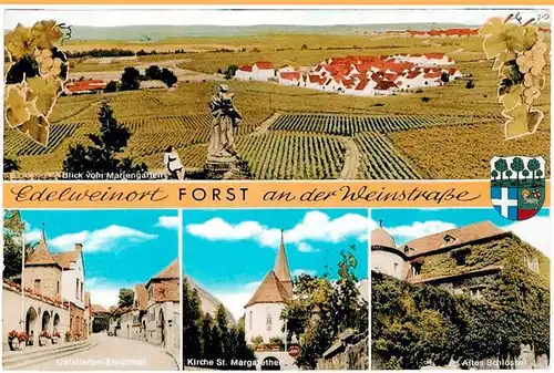 AK / Ansichtskarte 73954946 Forst_Weinstrasse Panorama vom Mariengarten Gefallenen Ehrenmal Kirche St Margarethen Altes Schloessel