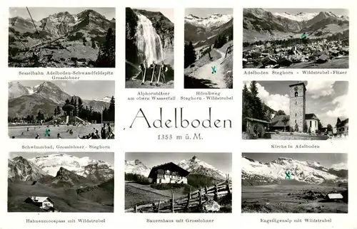 AK / Ansichtskarte  Adelboden_BE Teilansichten Alpenpanorama Freibad Berghaus Wasserfall Kirche