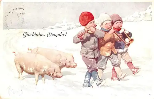 AK / Ansichtskarte  Neujahr_Annee_New_Year Kinder Floete Schweine