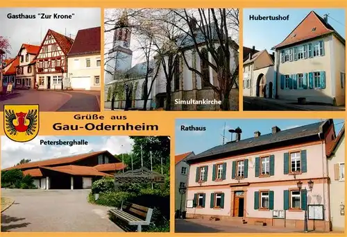 AK / Ansichtskarte 73955907 Gau-Odernheim Gasthaus Zur Krone Simultankirche Hubertushof Petersberghalle Rathaus