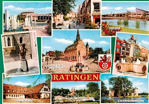 AK / Ansichtskarte  Ratingen Stadttheater Oberstrasse Stadthalle Dumeklemmer Brunnen Jugendherberge Buergerhaus St Paul Markt Marktbrunnen Schwimmbad Waserburg Haus zum Haus