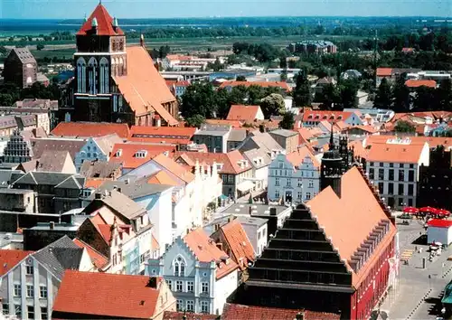 AK / Ansichtskarte  Greifswald Dom St Nikolai Blick vom Domturm mit Rathaus Markt St Marien und dem Greifswalder Bodden