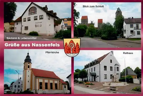 AK / Ansichtskarte 73956336 Nassenfels Baeckerei und Lebensmittel Schlossblick Pfarrkirche Rathaus