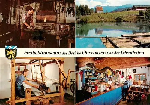 AK / Ansichtskarte 73956397 Grossweil Freilichtmuseum an der Gentleiten Schmiede Holzkapelle mit Loisachfloss Weberei Kraemerladen