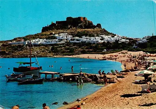 AK / Ansichtskarte  Lindos_Lindo_Rhodes_Greece Strand Blick zur Akropolis