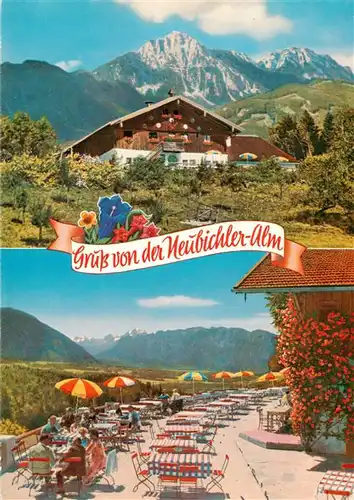 AK / Ansichtskarte 73957844 Neubichler_Alm_Piding Berggaststaette mit Untersberg Watzmann und Lattengebirge Terrasse