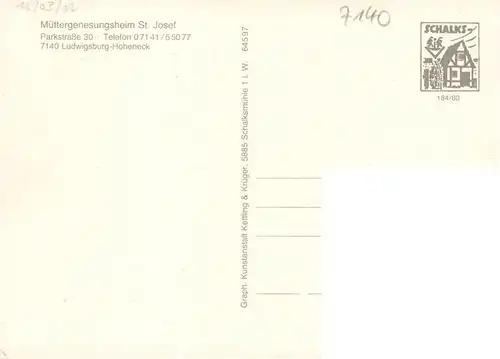 AK / Ansichtskarte  Hoheneck_Ludwigsburg Muettergenesungsheim St Josef Gastraum Park Gastzimmer