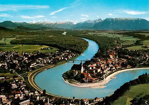 AK / Ansichtskarte  Laufen_Salzach Fliegeraufnahme mit der Salzachschleife und den Salzburger Alpen