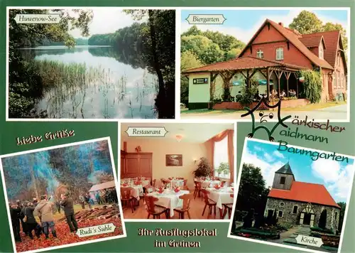 AK / Ansichtskarte  Baumgarten_Gransee Huwenow See Biergarten Restaurant Maerkischer Waidmann Gastraum Rudis Suhle Kirche