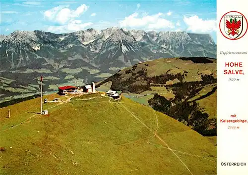 AK / Ansichtskarte 73958820 Hopfgarten_Brixental_Tirol_AT Gipfelrestaurant Hohe Salve mit Kaisergebirge Fliegeraufnahme