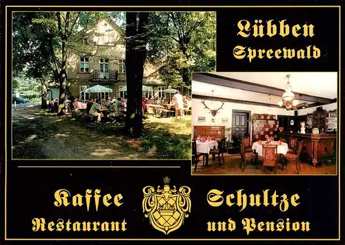 AK / Ansichtskarte 73959107 Luebben_Spreewald Kaffee Schultze Restaurant Pension Gastraum Gartenterrasse