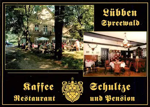 AK / Ansichtskarte  Luebben_Spreewald Kaffee Schultze Restaurant Pension Gastraum Gartenterrasse