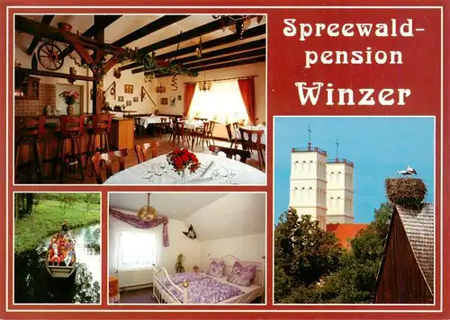 AK / Ansichtskarte  Straupitz Spreewald Pension Winzer Gastraum Kahnpartie Zimmer Kirche Storchennest