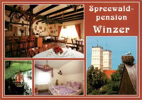 AK / Ansichtskarte  Straupitz Spreewaldpension Winzer Gastraum Kahnfahrt Zimmer Kirche Storchennest