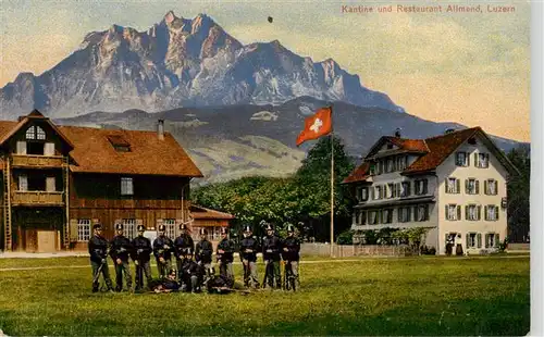 AK / Ansichtskarte  Allmend_Luzern_LU Kantine und Restaurant Militaer Soldaten Schweizer Flagge Alpen