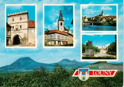 AK / Ansichtskarte 73960326 Louny_Laun_CZ Zatecka Tor Kirche Stadtzentrum Panorama Blick gegen Mittelgebirge