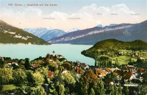 AK / Ansichtskarte  SPIEZ_Thunersee_BE Ausblick auf die Alpen mit Wetterhorn Schreckhorn Eiger Moench und Jungfrau