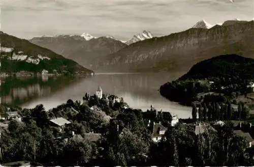 AK / Ansichtskarte  SPIEZ_Thunersee_BE mit Schloss Wetterhorn Schreckhorn und Eiger