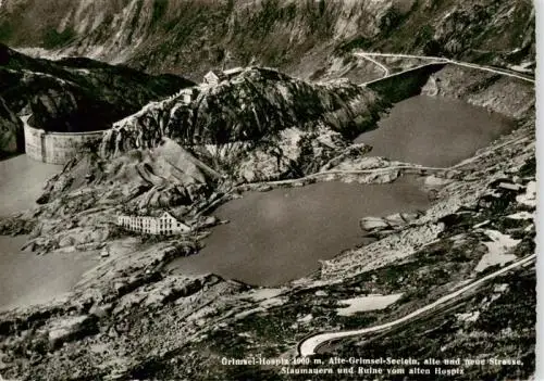 AK / Ansichtskarte  Grimsel_Hospiz Alte Grimsel Seelein Alte und neue Strasse Staumauern und Ruine vom alten Hospiz 