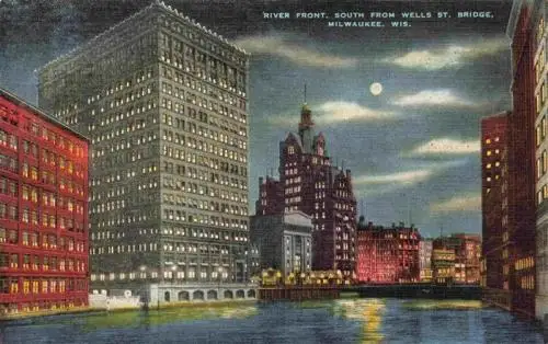AK / Ansichtskarte 73961268 Milwaukee__Wisconsin_USA River Front south from Wells St. Bridge at night Illustration