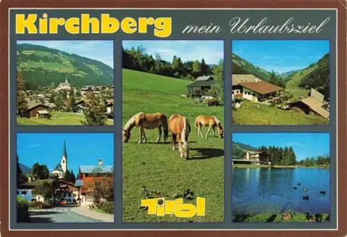 AK / Ansichtskarte 73961524 Kirchberg_Tirol_AT Panorama Ortsansicht mit Kirche See Haflinger Pferde