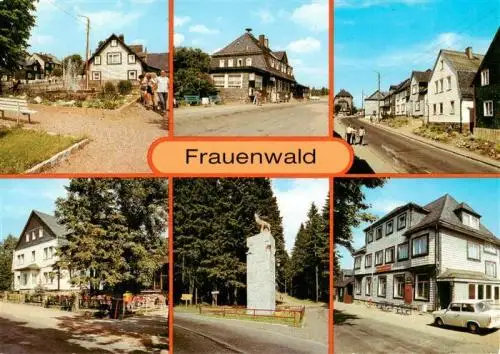 AK / Ansichtskarte 73961609 Frauenwald_Thueringen PdF Bahnhofsgaststaette Nordstrasse FDGB Erholungsheime Raymond Dien und Drei Kronen Monument