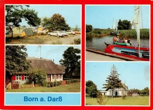 AK / Ansichtskarte 73961645 Born_Darss Campingplatz Rohrgedecktes Bauernhaus Freizeitboote im Hafen Fachwerkhaus