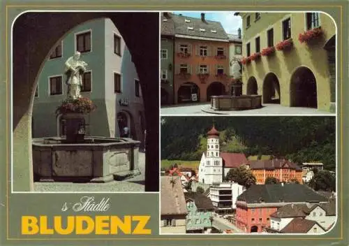 AK / Ansichtskarte 73961675 Bludenz_Vorarlberg_AT Motiv aus der Fussgaengerzone Brunnen Ansicht mit Kirche