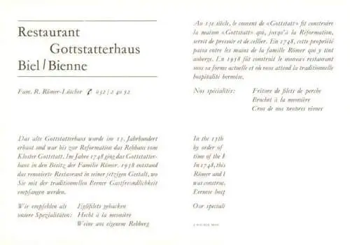 AK / Ansichtskarte  Biel_Bienne_BE Restaurant Gottstatterhaus Gastraum