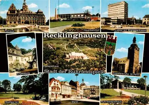 AK / Ansichtskarte 73961884 Recklinghausen__Westfalen Rathaus Hauptbahnhof Lohtor mit Kreissparkasse Engelsburg Festspielhaus Propsteikirche St Peter Stadtgarten Markt Ruhrfestspielhaus